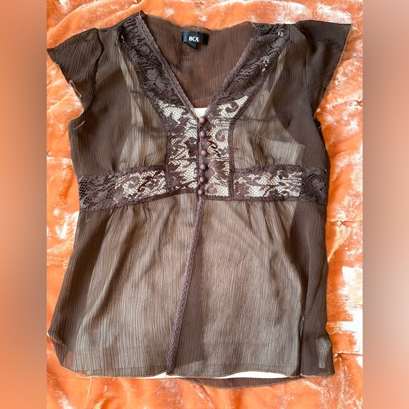 BCX Tops - Women’s BCX Brown Sheer Lace Top w/ Undershirt